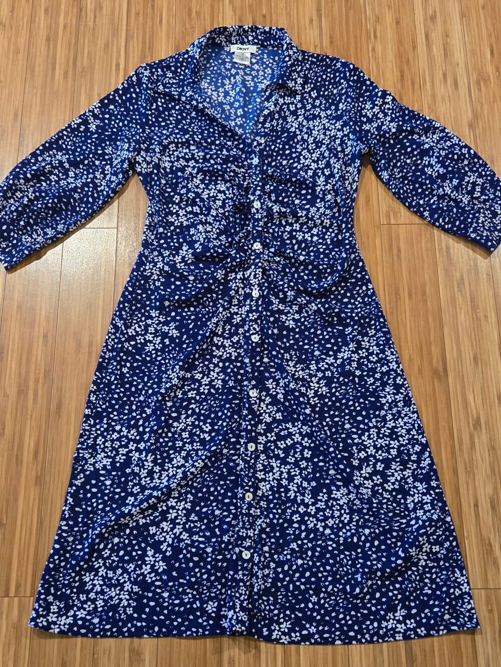 DKNY Navy and White Floral Button-Front Midi Dress